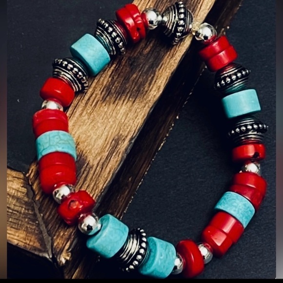 Red Bamboo Coral and Turquoise Beaded Bracelet - Picture 1 of 1